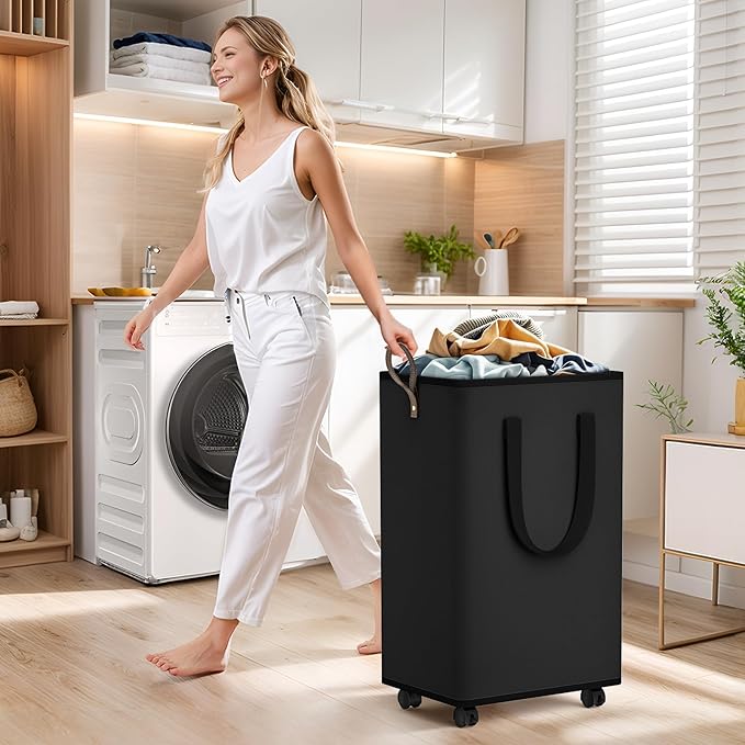 Laundry Basket with Wheels, Collapsible Laundry Baskets, Laundry Hamper with Handles Detachable Wheels, Rolling Laundry Basket, Dirty Clothes Hamper for Bathroom, Dorm, Bedroom, Black, 80L