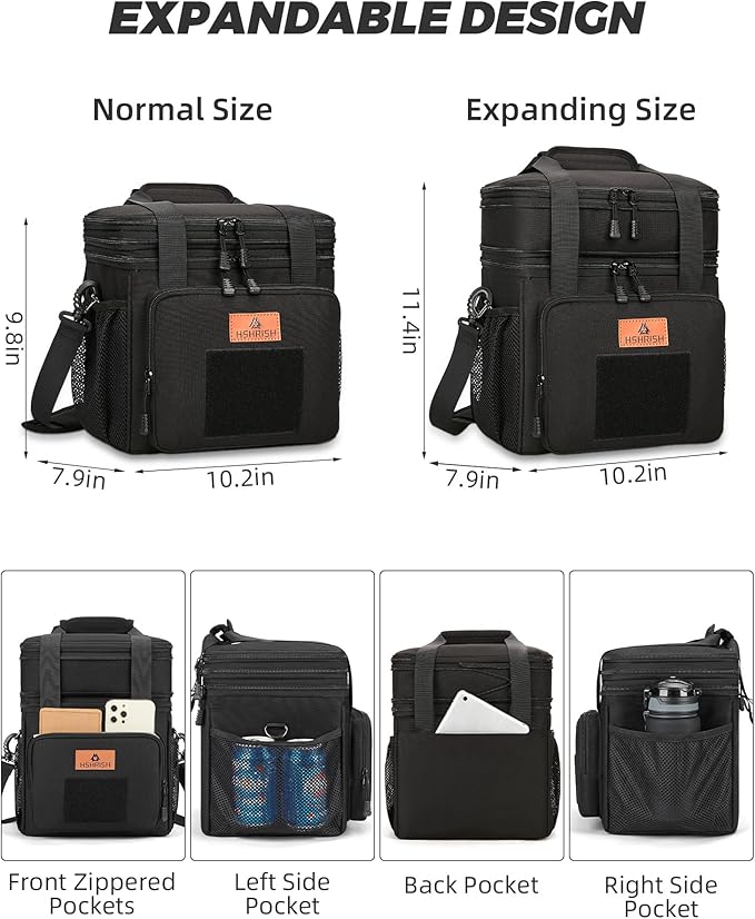 HSHRISH Expandable Large Tactical Lunch Box for Adults, Durable Insulated Lunch Bag with Shoulder Strap, Soft Cooler Bag for Men Work Outdoor Picnic Trips, 20 Can/16 L, Black