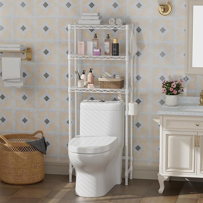 Over The Toilet Shelf,3-Tier Adjustable Freestanding Metal Bathroom Organizer Shelves with Toilet Paper Holder & Hooks,Space-Saving for Narrow Small Bathroom,10”D x 24”W x 66”H,White
