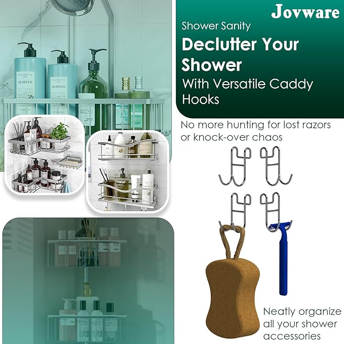 Shower Caddy with Hooks - 4 Pack Silver Razor Hanger and Loofah Holder