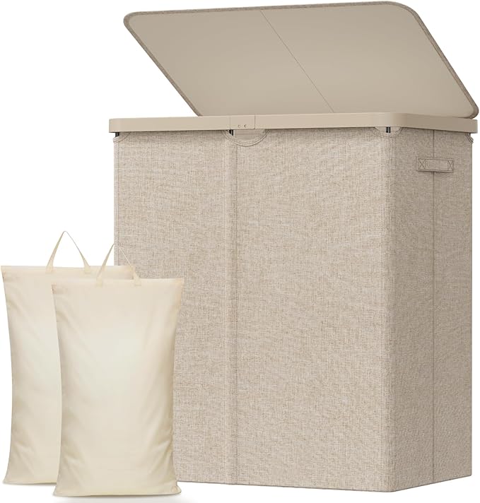 Lifewit 145L Large Laundry Basket with Lid, Laundry Hamper with Plastic Handles and Removable Bag, Foldable Tall Dirty Clothes Hampers for Laundry for Laundry Room, Bedroom, Bathroom, Dorm, Beige