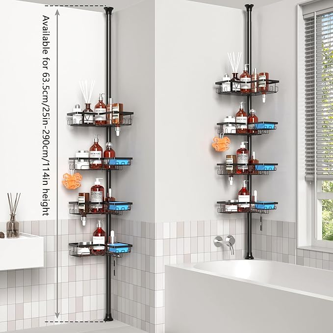 ZUNTO Shower Caddy Corner for Bathroom, Tension Pole, Adjustable 25in-114in Floor to Ceiling, Standing Shower Tension Rod Organizer with Hooks, 4 Tier Storage Shelves, Matte Black