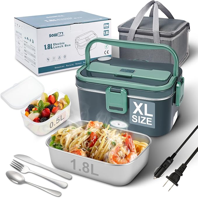 1.8L Heated Lunch Box, 80W Electric Lunch Box with Long-handled Utensils for Adults, 12V/24V/110V Lonchera Eléctrica Portátil, Portable Food Warmer for Car/Truck/Office (Blue-Green)