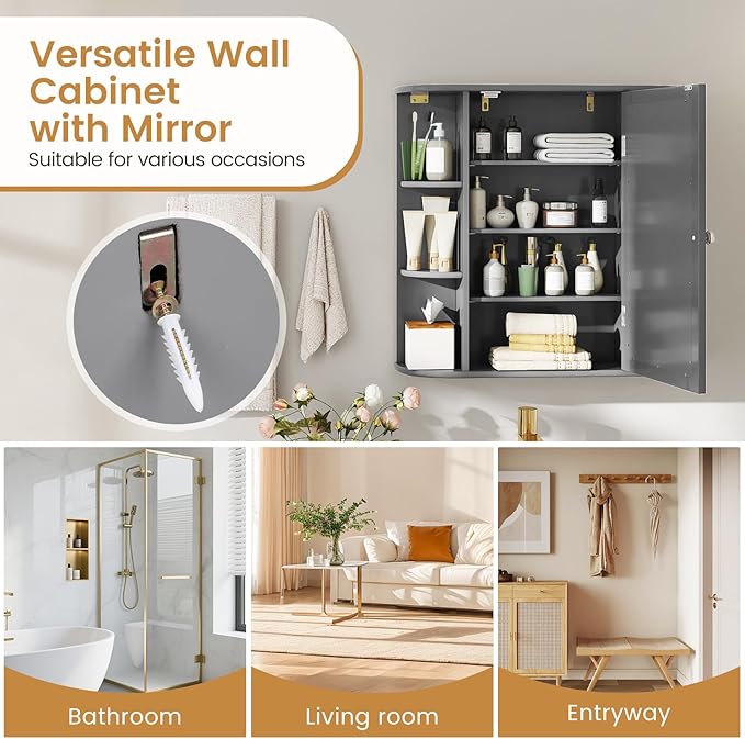 Tangkula Bathroom Wall Cabinet with Mirror, Modern Medicine Cabinet with Mirrored Door, 4 Internal Shelves & 6 Side Open Shelves, Wall Mounted Space-Saving Storage Organizer