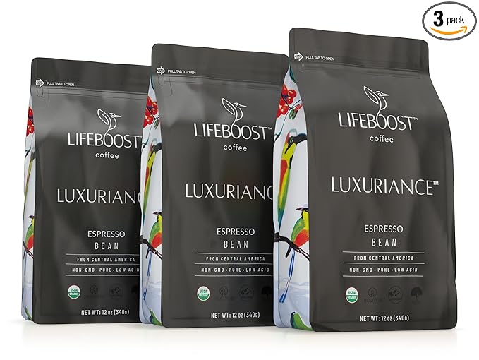 Lifeboost Organic Espresso Whole Bean Coffee - Low Acid Espresso Coffee, Non-GMO, USDA Organic, Single Origin, Third-Party Tested for Mycotoxins & Pesticides - 12 oz, Pack of 3