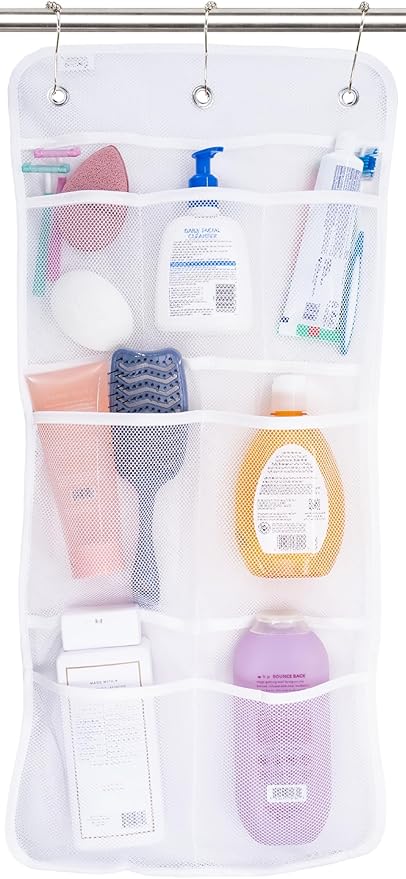 S&T INC. Shower Organizer, Shower Caddy or Bathroom Organizer with Quick Drying Mesh, 7 Pockets to Hold Shampoo, Soap, Loofah, and Cruise Ship Essentials, 14 Inch by 30 Inch, White, 1 Pack