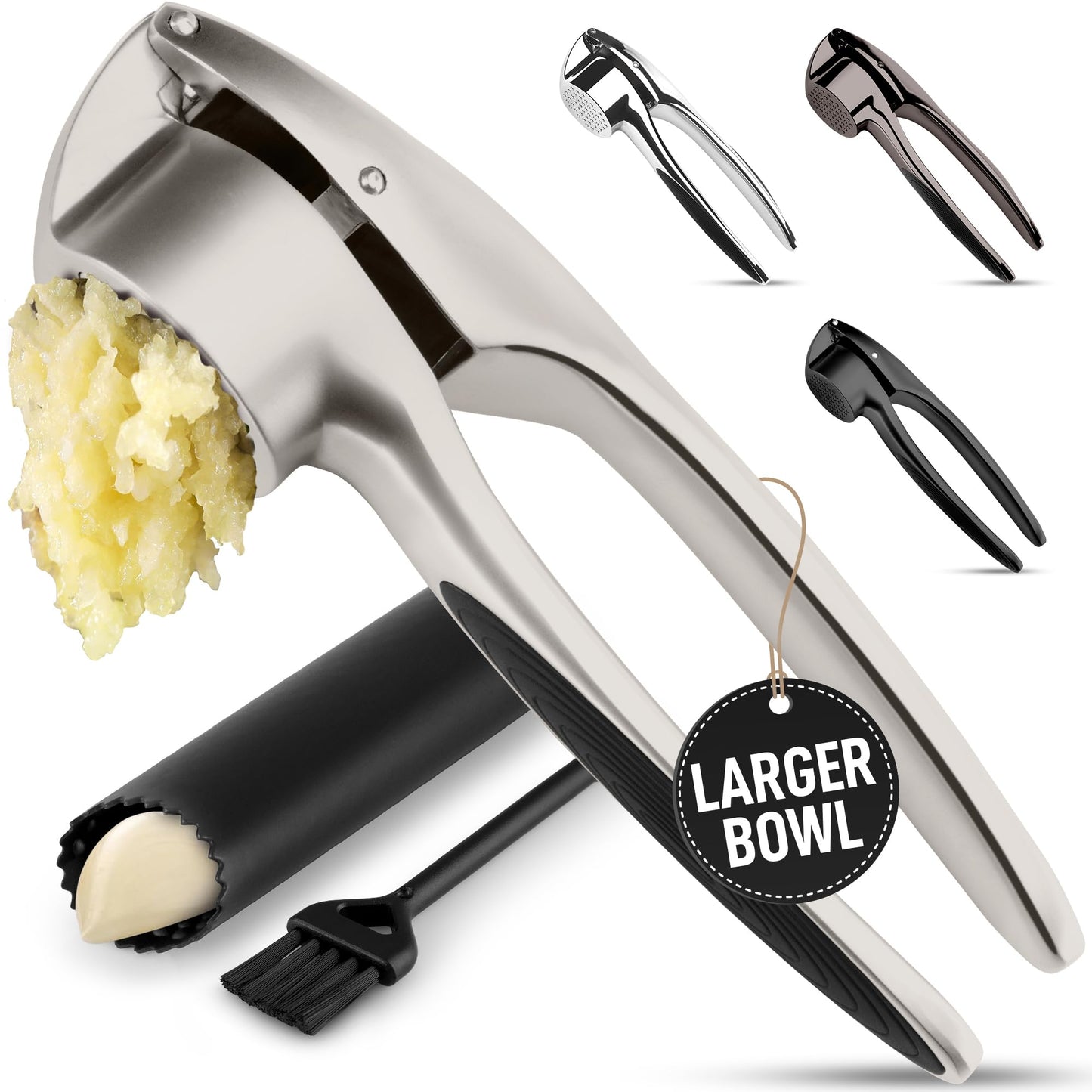 Zulay Kitchen Premium Garlic Press Set – Rust Proof & Dishwasher Safe Garlic Mincer Tool with Silicone Garlic Peeler & Brush, Easy Squeeze & Clean, Ergonomic Soft Grip Handle - Medium – Chrome