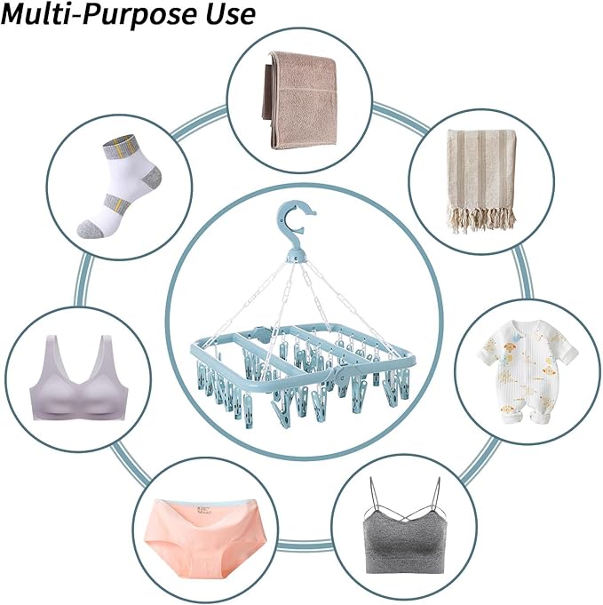 Clothes Drying Rack with 32 Clips, Foldable Hanging Rack, 360° Rotatable Hook for Drying Socks Baby Clothes Towels Gloves(Light Blue)