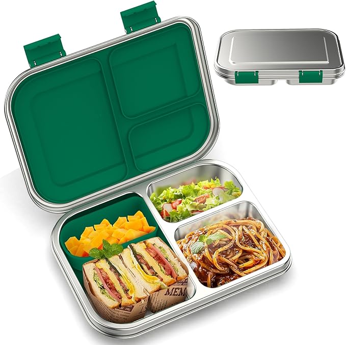 BOSEDSANG Stainless Steel Kids Leak-Resistant Bento Lunch Box, 3-Compartments with Silicone Container, Dishwasher-Safe, Child-Friendly Design for School, Picnics & Travel,BPA-Free (Blue)