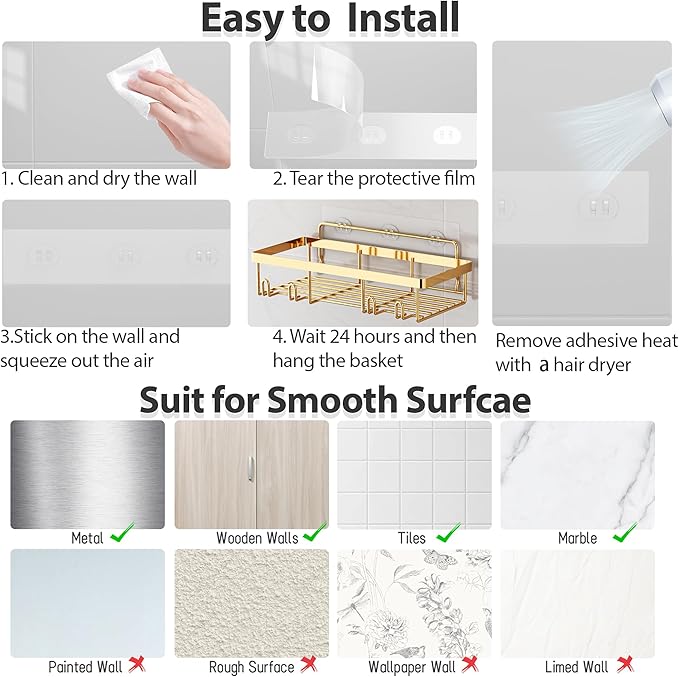 10 Pack Shower Caddy Organizer Rack Shelf for Inside Shower, Self Adhesive Wall Storage Basket Rustproof Stainless Steel Shampoo Holder Bathroom Accessory Decor Set, Gold