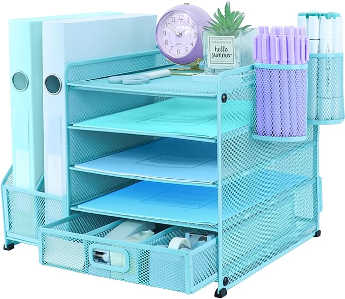 Desk Organiser File Holder With 2 Pen Holder, 5 Tier Paper Letter Tray Organiser with Drawer,Mesh Desktop Storage with Magazine Holder for Office Supplies, Sky Blue