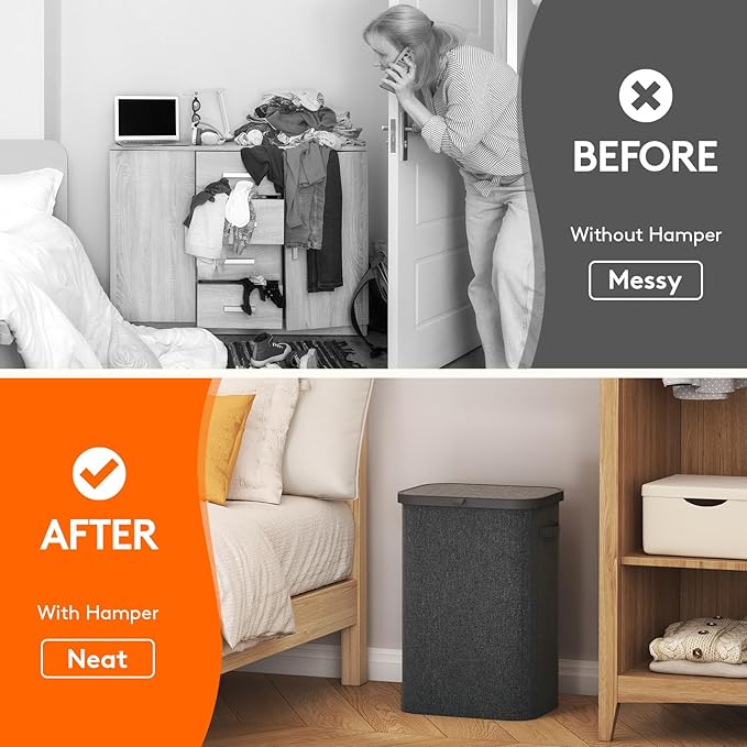Lifewit 85L Large Laundry Basket with Lid, Laundry Hamper with Plastic Handles and Removable Bag, Foldable Tall Dirty Clothes Hampers for Laundry for Laundry Room, Bedroom, Bathroom, Dorm, Dark Gray