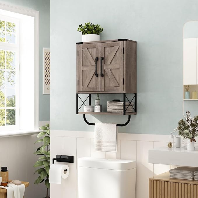 RUSTOWN Farmhouse Rustic Medicine Cabinet with Two Barn Door,Wood Wall Mounted Storage Cabinet with Adjustable Shelf and Towel Bar, 3-Tier Cabinet for Bathroom, Living Room(Washed Oak)
