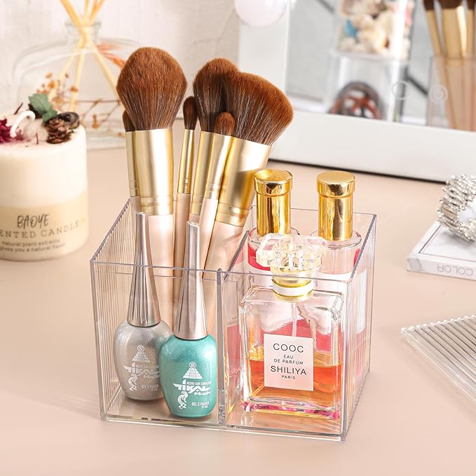 Tbestmax Qtip Holder Dispenser 3-Section Clear Bathroom Container Organizer 3 Grids Cotton Swab/Pad/Ball Holder Container Cosmetics Storage for Vanity