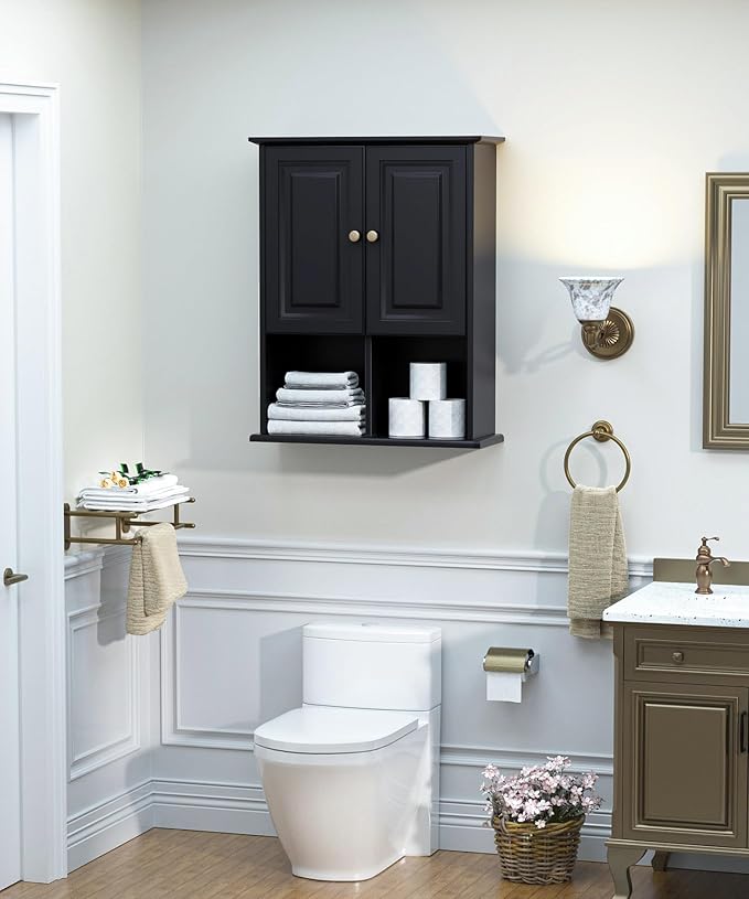HAIOOU Bathroom Wall Cabinet with Motion Sensor LED Light, Wooden Medicine Cabinet Wall Mounted Cupboard, Over Toilet Storage Cabinet with Buffering Hinges and Adjustable Shelf - Black
