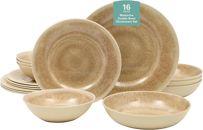 Gibson Home Casper Court 16-Piece Melamine Dinnerware Set – Green Reactive Glaze Look Plates and Bowls, Service for 4 – Top Rack Dishwasher Safe Everyday Dining Set