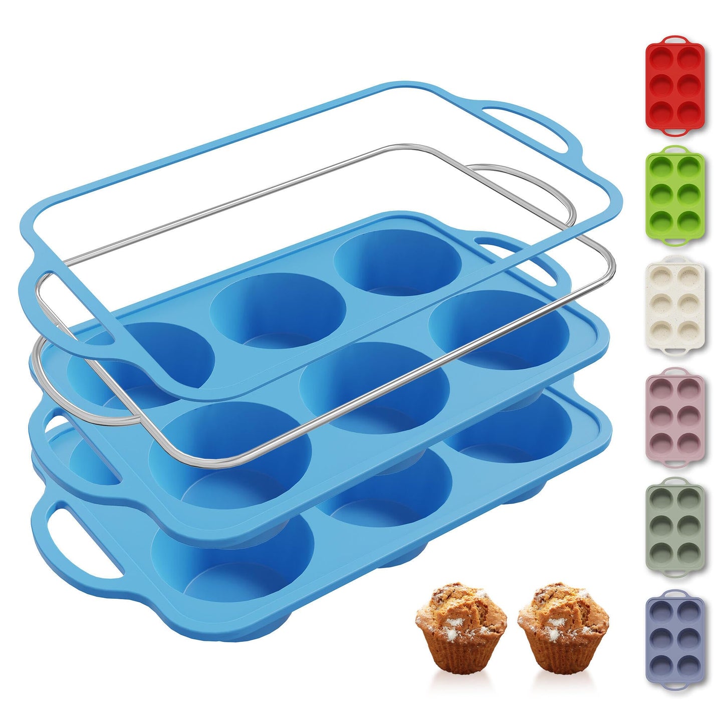 2 Packs 12 Cups Silicone Muffin Pan for Baking with Metal Reinforced Frame Regular Size Cupcake Pan Tray Chocolate Egg Pizza Bites Oven Top Cookie Molds Muffin Tin Tart Pans Sheet Set Bakeware Liner