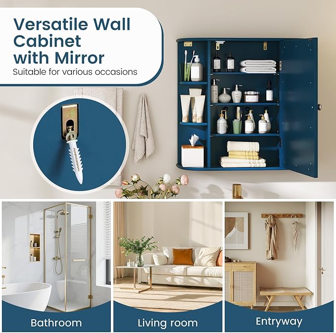 Tangkula Bathroom Medicine Cabinet with Mirror, Wall Mounted Home Storage with Door & 6 Open Shelves, Adjustable Shelves, Mirrored Bathroom Wall Cabinet (Blue)