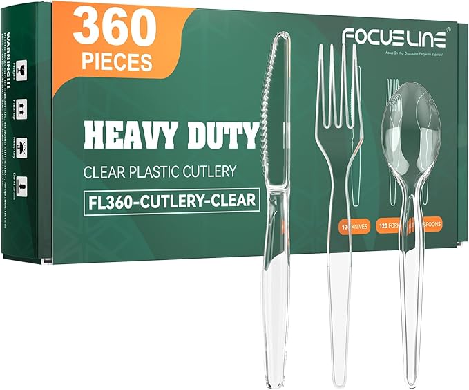 FOCUSLINE 360 Count Clear Plastic Forks Heavy Duty, Solid and Durable Premium Disposable Forks Bulk, Suitable for Catering, Parties, Events and Everyday Use
