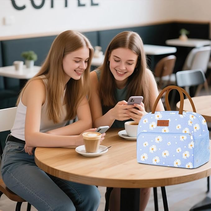 Coobiiya Lunch Bag Lunch Box for Women Men, Reusable Cute Lunchbag - Leakproof, Adult Insulated Lunch Box Tote with Large Capacity, Cooler Container for Work, Travel, Office (Blue Daisy)
