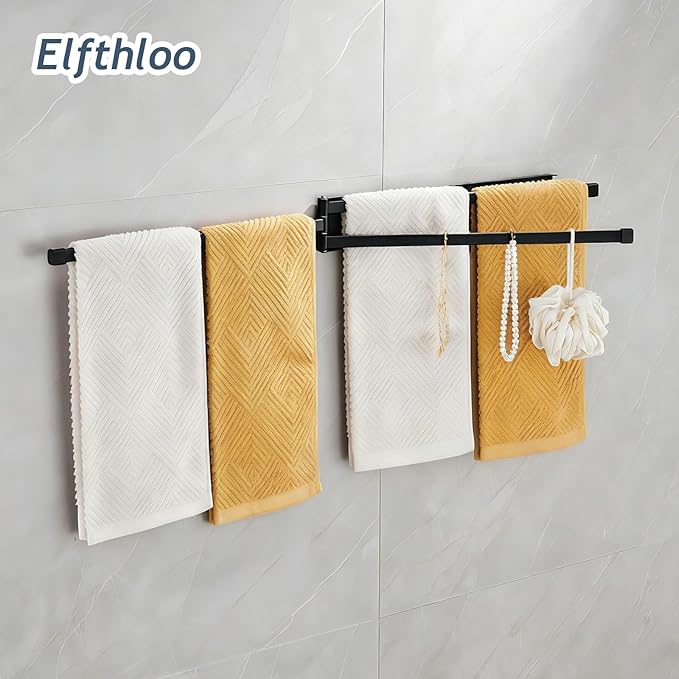 Swivel Foldable Towel Rack, Elfthloo 41cm(16 in) Rotating 3-Arm Towel Bar Rod, Space Saving Wall Mounted Holder, Stainless Steel Swing Out Hanger for Bathroom, Kitchen (1 Pack, Black)