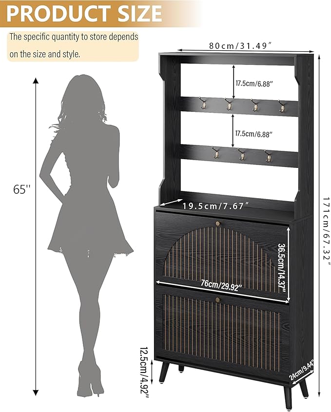 Shoe Cabinet for Entryway with 2 Flip Drawers & Coat Rack, Narrow Hidden Shoe Storage Cabinet with Fluted Panel, 2-in-1 Hall Tree Slim Freestanding Shoe Rack Organizer for Hallway, Black