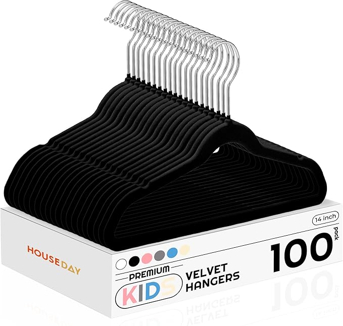 HOUSE DAY 14 Inch Kids Velvet Hangers 100 Pack, Durable Big Kid Hangers for Youth, Teen, Non Slip Kids Felt Hanger, Cute Childrens Hanger for Closet, Black