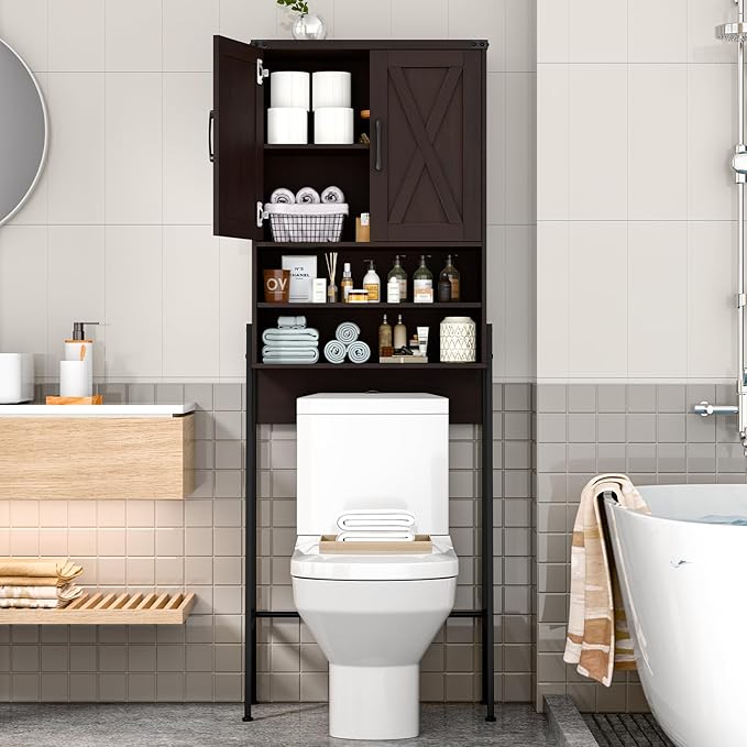 Vabches Over The Toilet Storage Cabinet, Farmhouse Over Toilet Storage Cabinet, Metal Frame with Barn Doors, Home Space-Saving Toilet Rack for Bathroom, Toilet, Laundry Room