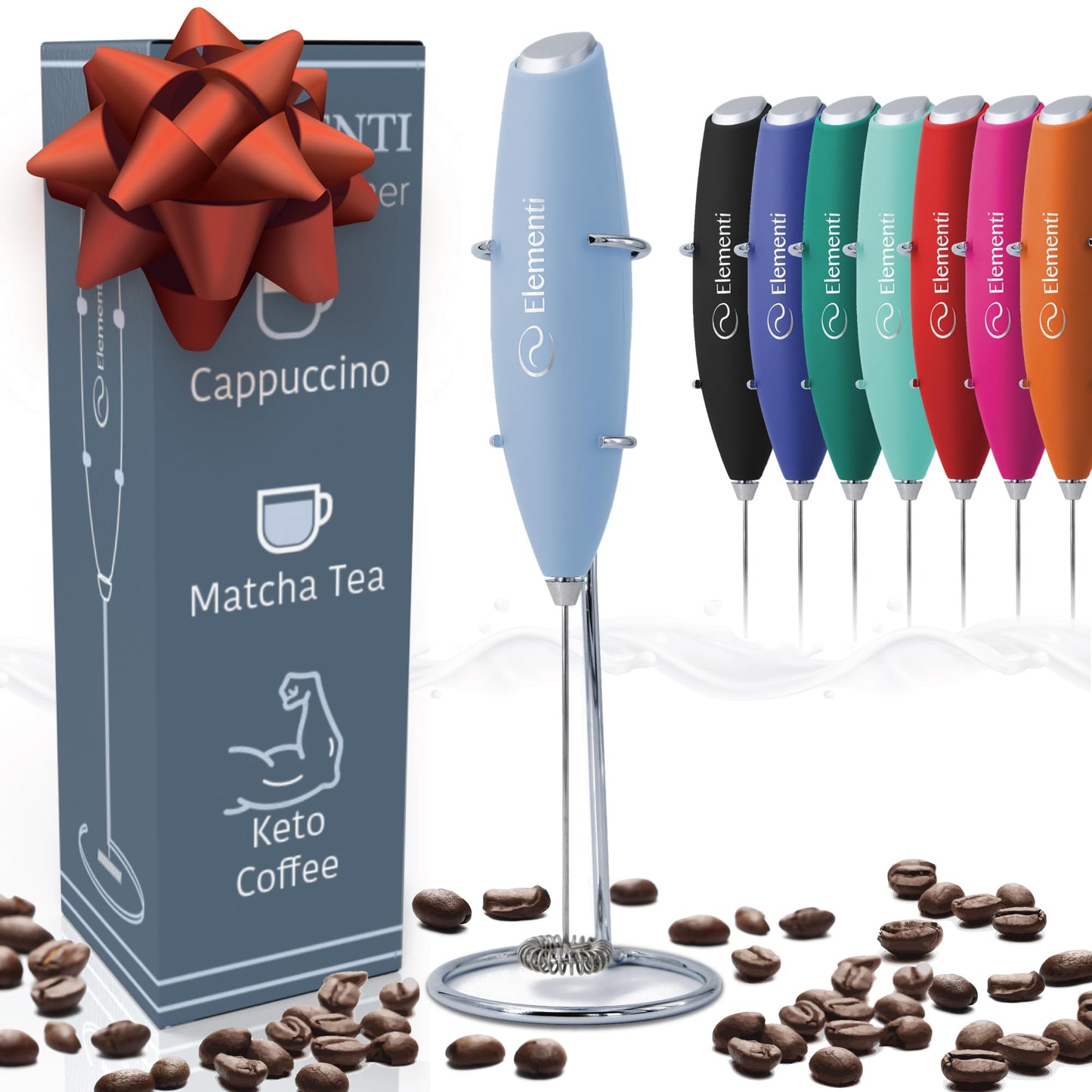 Elementi Portable Milk Frother & Stand – Compact Mixer for Powdered Drinks and Coffee, Electric Whisk Hand Blender, Specialty Kitchen Appliance (Pumpkin Orange)