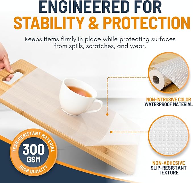 Shelf Liner Drawer Liner for Kitchen Cabinets Non-Adhesive by Linda’s Essentials (12 x 240 Inches) - Non-Slip Easy Clean Kitchen Cabinet and Cupboard Protector, Waterproof Mat, Clear Roll