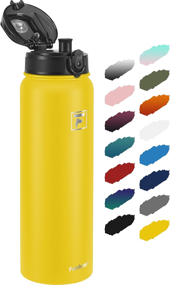 Fanhaw 32 oz Insulated Stainless Steel Water Bottle with Anti-Dust Chug Lid, Leakproof Vacuum Sports Bottle for Men & Women (Yellow)
