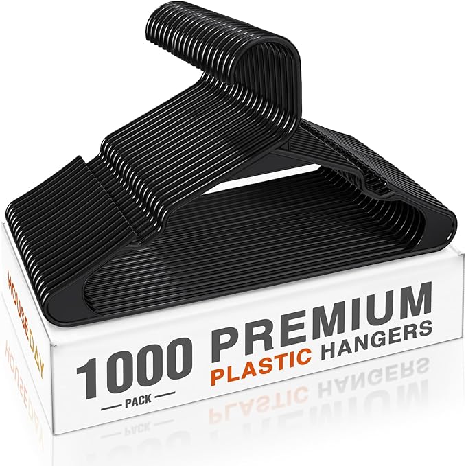 HOUSE DAY 1000 Pack Plastic Clothes Hangers, Commercial Bulk Shipment for Business, Sturdy Durable Notched Hangers Ideal for Retail Dry Cleaners Warehouses, Save Cost & Warehouse Space - Black