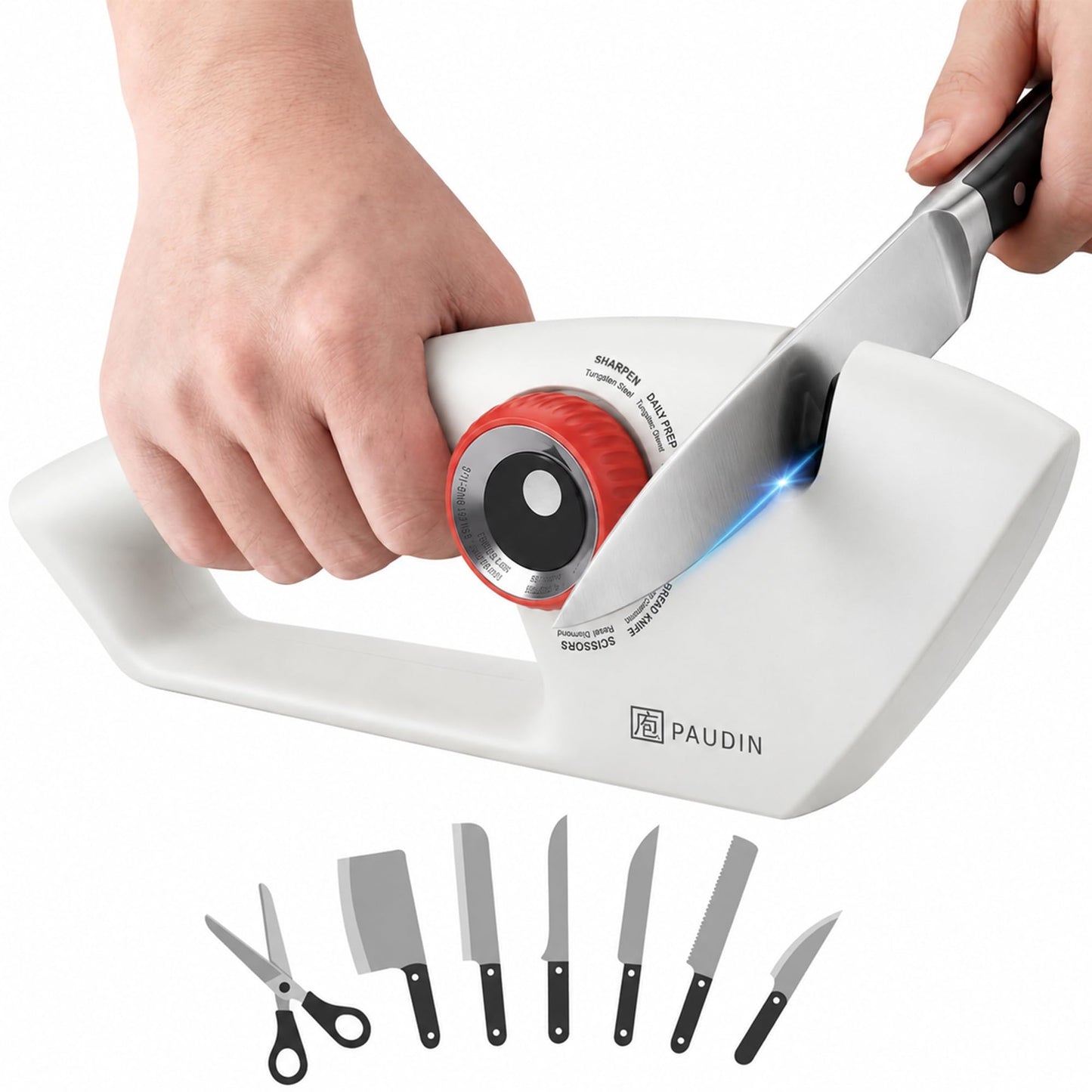 PAUDIN Precision 5-Stage Knife Sharpener, Fathers Day Dad Gifts, Manual Sharpening for Kitchen Knives & Scissors, Straight & Serrated Blades, Non-Slip Base, Ergonomic Handle, Safe for Home Use