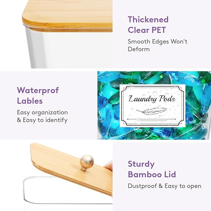 Lifewit Large Laundry Pods Container& Dryer Sheet Holder, Laundry Storage Containers, Laundry Room Organization Storage Jars for Powder, Scent Booster Beads,Bamboo Lid,0.53+0.7 gal,2 Pcs