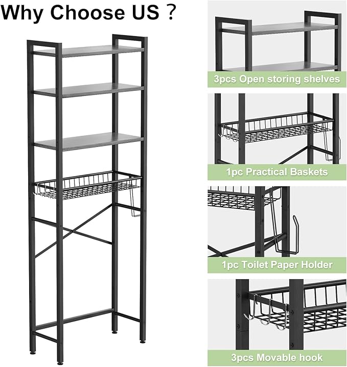 Over-The-Toilet Storage Rack, 4-Tier Bathroom Organizer Shelf Over Toilet with Adjustable Shelf and Basket, Freestanding Space Saver Bathroom Shelves Above Toilet for Room (Pure Gray)