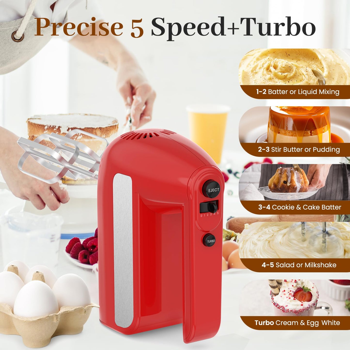 5-Speed Electric Hand Mixer, 800W Handheld Mixer with Turbo for Baking & Cooking, Kitchen Food Mixer with Storage Case & 6 Stainless Steel Attachments (2 Beaters, 2 Dough Hooks, 2 Whisks)-White