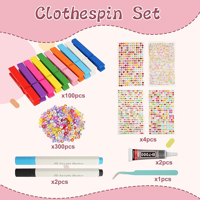 100 Cheer Pins Set - Wooden Colored Clothes Pins with Glue & Tools,Cheer Pin Kit 180 Mini Bows Ducks Daisy Balls 300 Letters 4 Stickers, DIY Custom Pins for Backpack Team Cheerleader Gifts