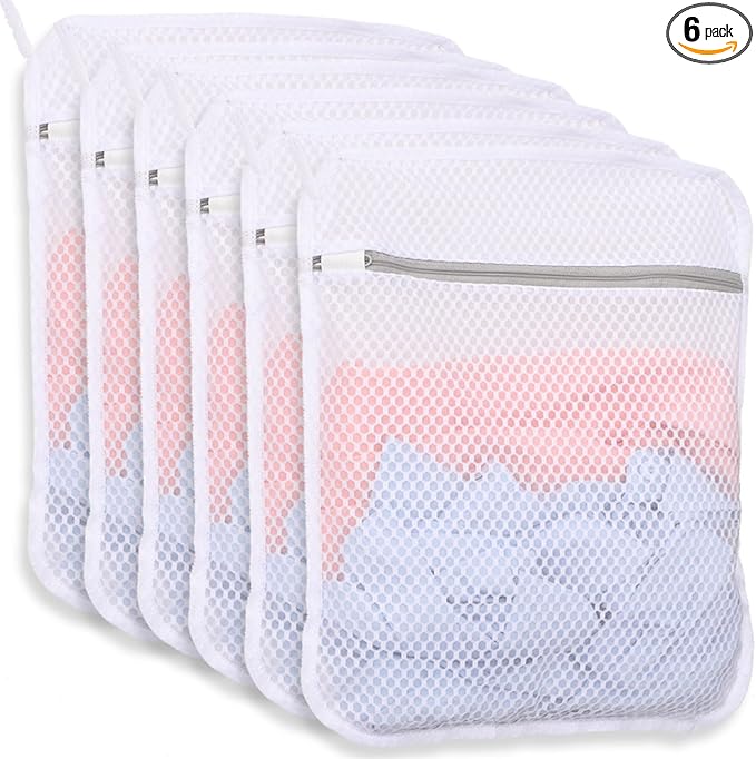 6 PCS Durable Honeycomb Mesh Laundry Bags for Delicates with Zipper, 12 x 16 Inches Reusable Laundry Bag Mesh Wash Bags for Washing Machine for Clothes, Shoes, Socks, Underwear, Bra (M, White)