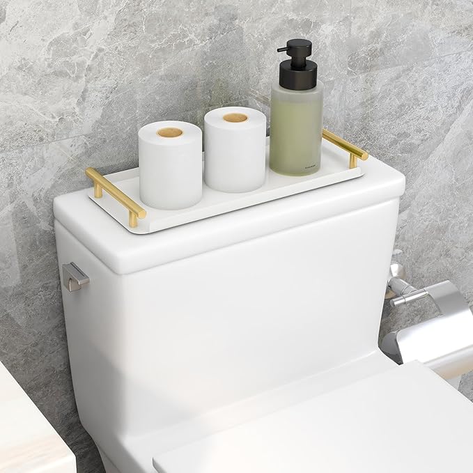 Toilet Paper Basket, Stainless Steel Tank Tray with Handle for Organizing - Toilet Paper Basket Storage for Tank, Bathroom, Kitchen Counter (White+Gold)