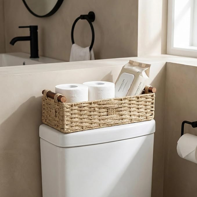 Toilet Tank Basket for Top of Toilet, Khaki Wicker Toilet Paper Basket (Holds 2 Rolls), Handwoven Paper Rope Toilet Tank Organizer with Wooden Handles, Bathroom Baskets for Organizing