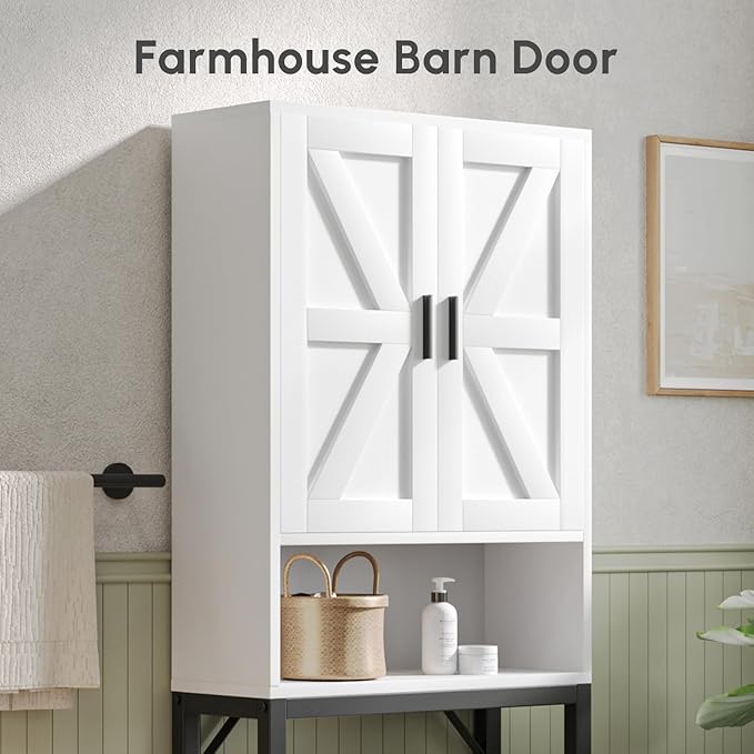 USHOWER Over The Toilet Storage Cabinet, Bathroom Organizers and Storage with Barn Doors, Thicken Metal Stand & MDF Wood Above Toilet Storage Cabinet, Freestanding Space Saver, White