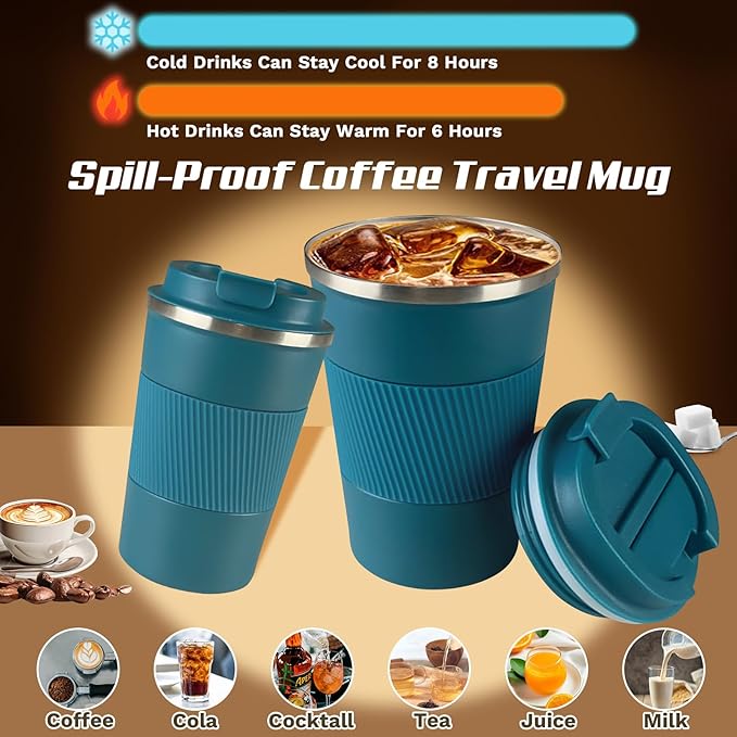 Vacuum Insulated Stainless Steel Travel Coffee Mug with Lid, Leak-Proof Reusable Thermal Cup Keeps Drinks Hot & Cold for Hours, Durable Portable Tumbler for Men & Women(3rd-Blue, 17OZ)