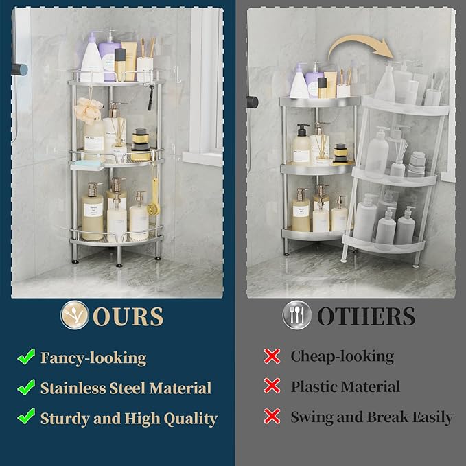 Consumest Corner Shower Caddy Stand - 3 Tier Shower Organizer with Soap Holder, Tall Floor Corner Shelf Standing with Adjustable Feet & 4 Hooks, Storage Rack for Bathroom, Silver