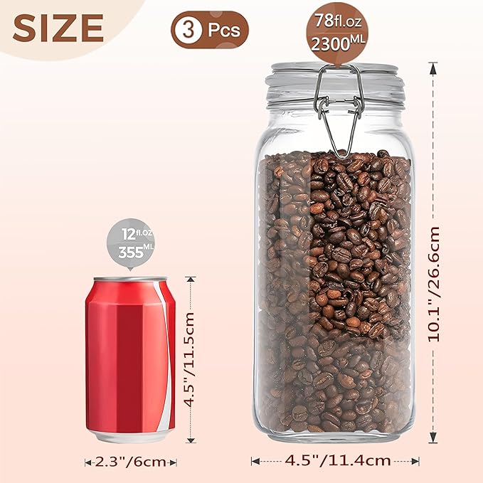 VIEWELLD 78oz Square Glass Food Storage Jars Storage Container with Clear Preserving Seal Wire Clip Fastening for Kitchen Canning Flour, Cereal, Pasta, Sugar, Beans