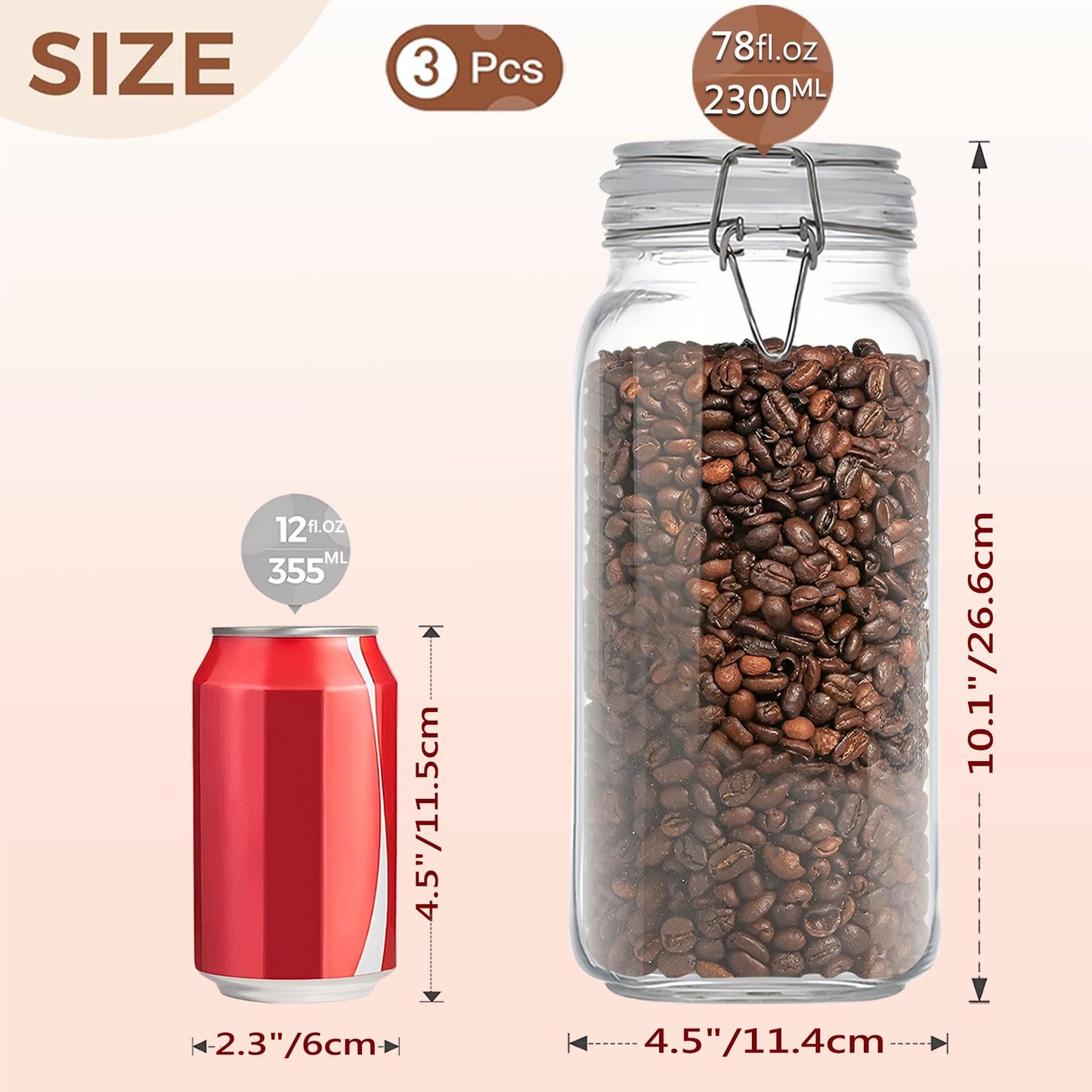 VIEWELLD 78oz Square Glass Food Storage Jars Storage Container with Clear Preserving Seal Wire Clip Fastening for Kitchen Canning Flour, Cereal, Pasta, Sugar, Beans