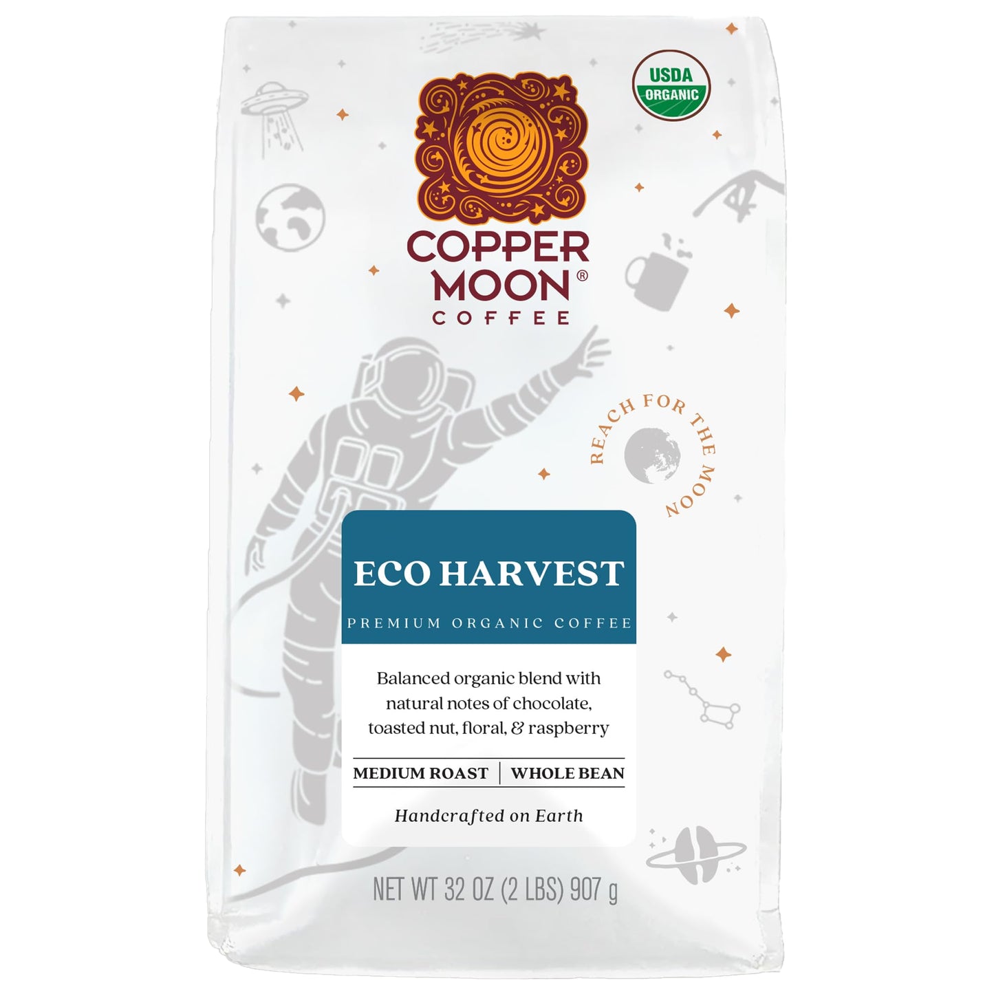 Copper Moon Whole Bean Coffee, Medium Roast, Organic Eco Harvest, 2 lb