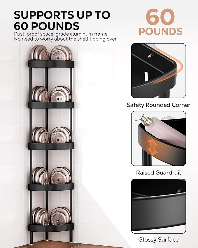 Nieifi Corner Shower Caddy Stand-5 Tier Rustproof Anodized Aluminum Standing Shower Organizer-Shower Caddy Corner-Dual Stability to Anti-Shaking-Height-Adjustable Legs for Uneven Surfaces-Black