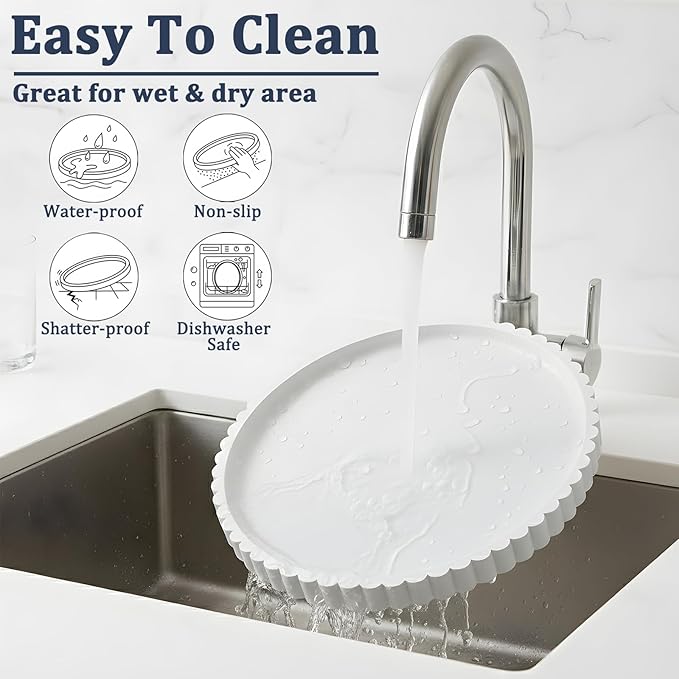 Silicone Bathroom Countertop and Vanity Tray, Round Silicone Bathroom Tray, Modern Bathroom Decor, Coffee Table Decor, Decorative Tray for Candle, Perfume, Plants (White, 9 inch)