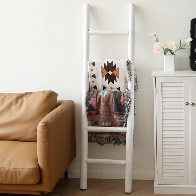 FUIN 57in Wood Blanket Ladder Living Room Decorative Wall Leaning Farmhouse Quilt Display Holder Rustic Wooden Towel Rack for Bathroom, White