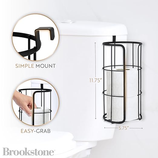 BROOKSTONE Over The Toilet Paper Holder Reserve, Metal Bathroom Toilet Paper Storage That Fits Any Size Rolls, Matte Black